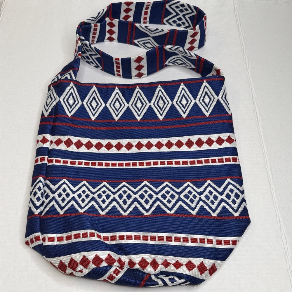 Blue and White Patterned Shoulder Bag with Red Accents Boho Crossbody